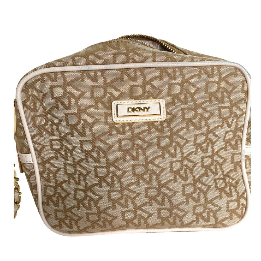 DKNY Signature Logo Beige/Tan Canvas Crossbody Bag with Zipper Closure Office